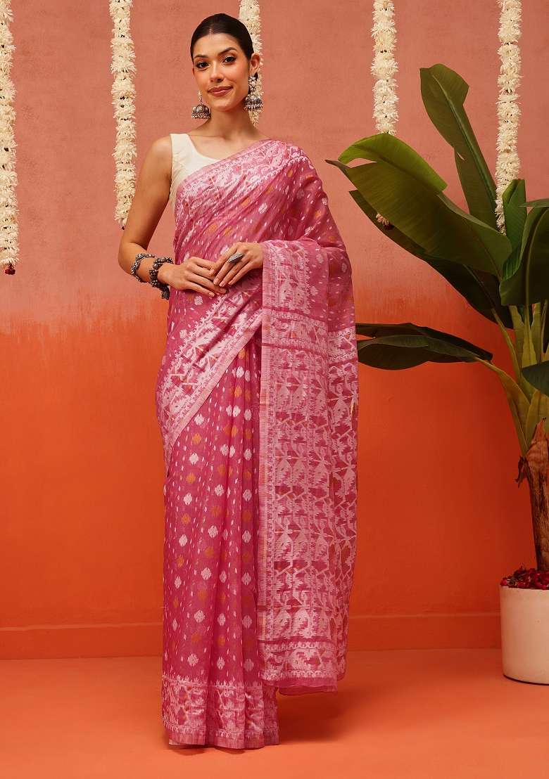 Pink Embroidered Cotton Saree Set - Indya