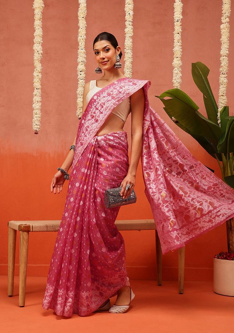 Pink Embroidered Cotton Saree Set - Indya
