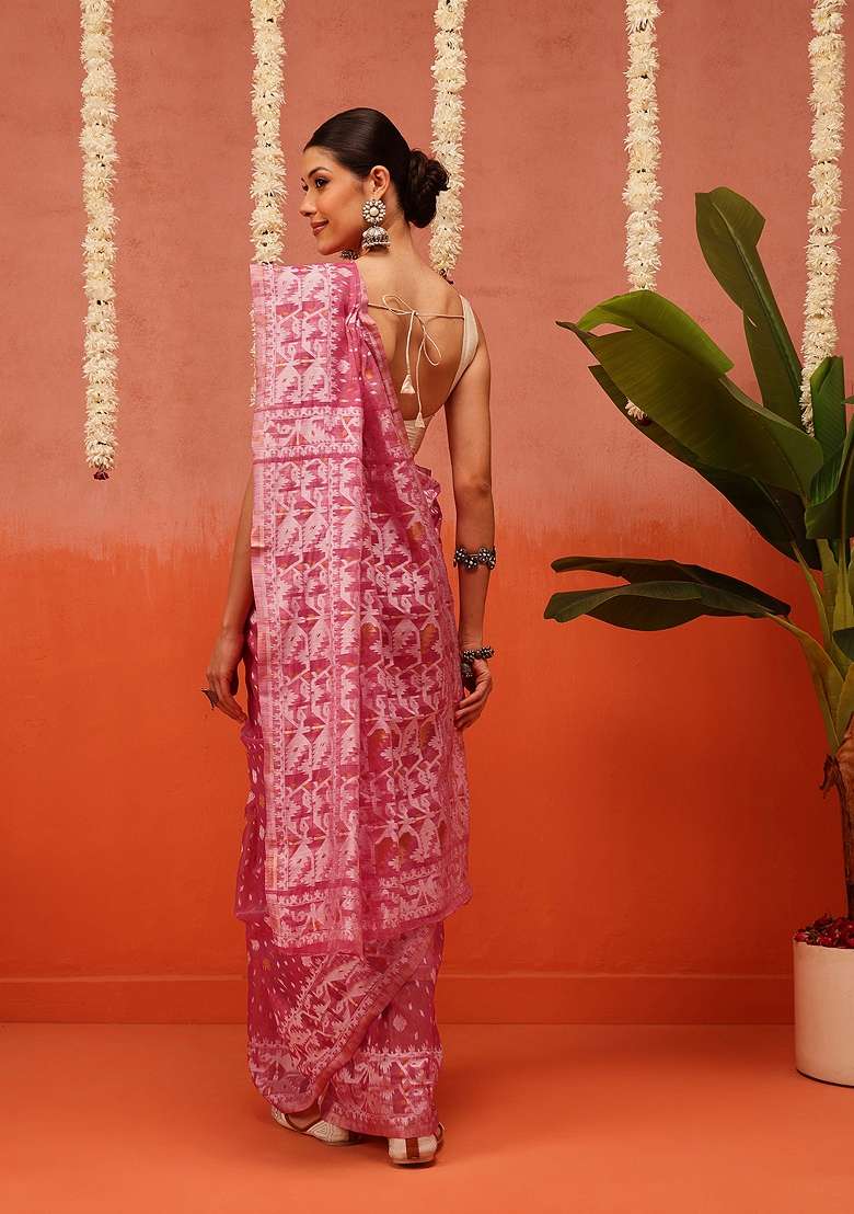 Pink Embroidered Cotton Saree Set - Indya
