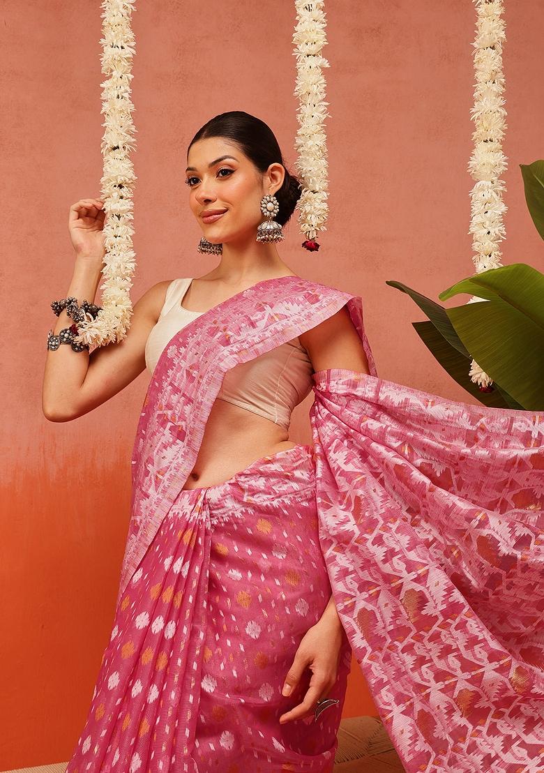 Pink Embroidered Cotton Saree Set - Indya