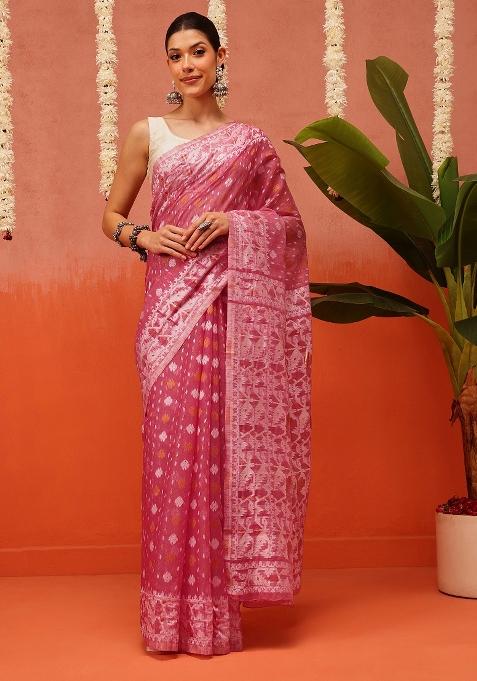 Pink Embroidered Cotton Saree Set