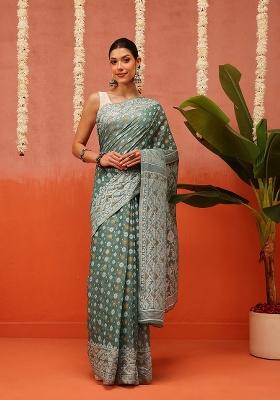 Blue Embroidered Cotton Saree Set