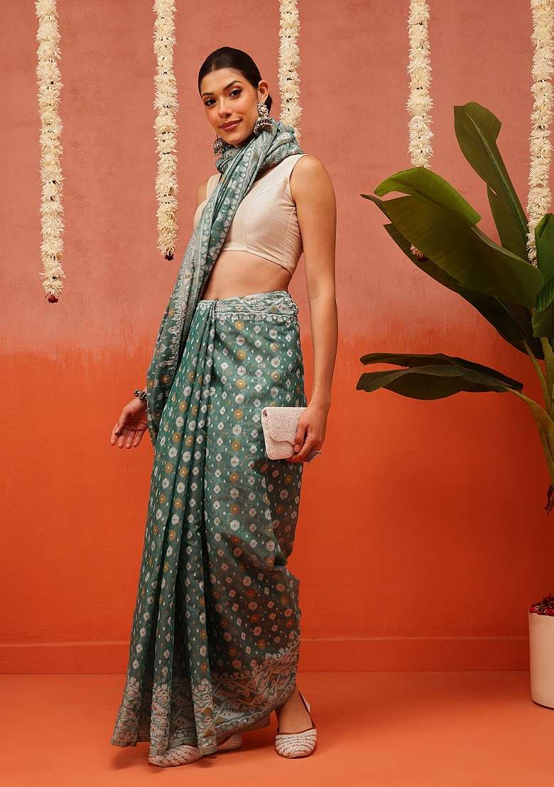 Blue Embroidered Cotton Saree Set - Indya