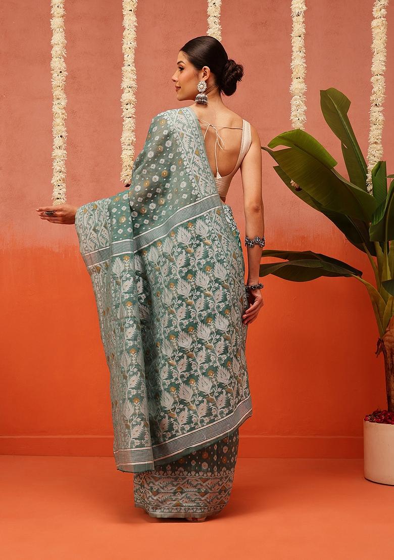 Blue Embroidered Cotton Saree Set - Indya