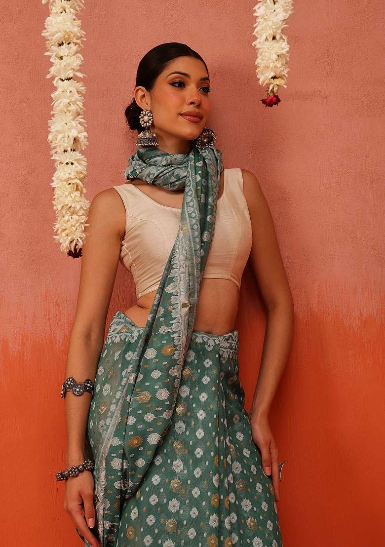 Blue Embroidered Cotton Saree Set - Indya