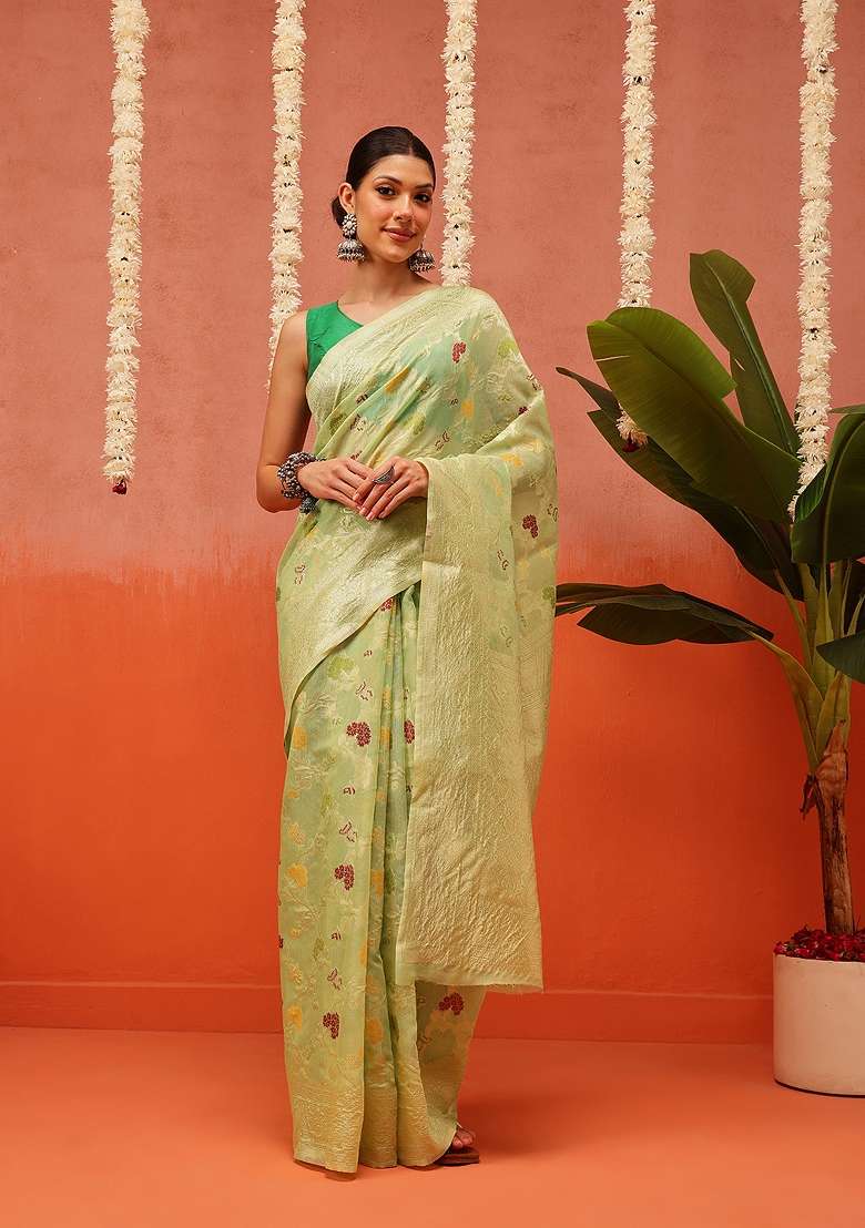 Green Embroidered Cotton Saree Set - Indya