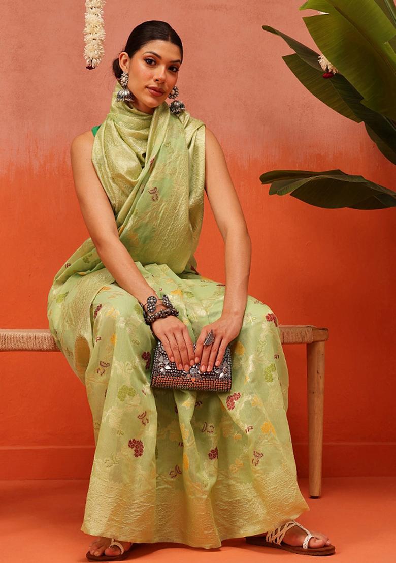 Green Embroidered Cotton Saree Set - Indya
