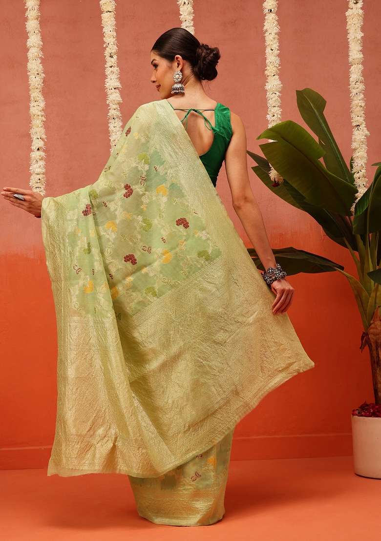 Green Embroidered Cotton Saree Set - Indya