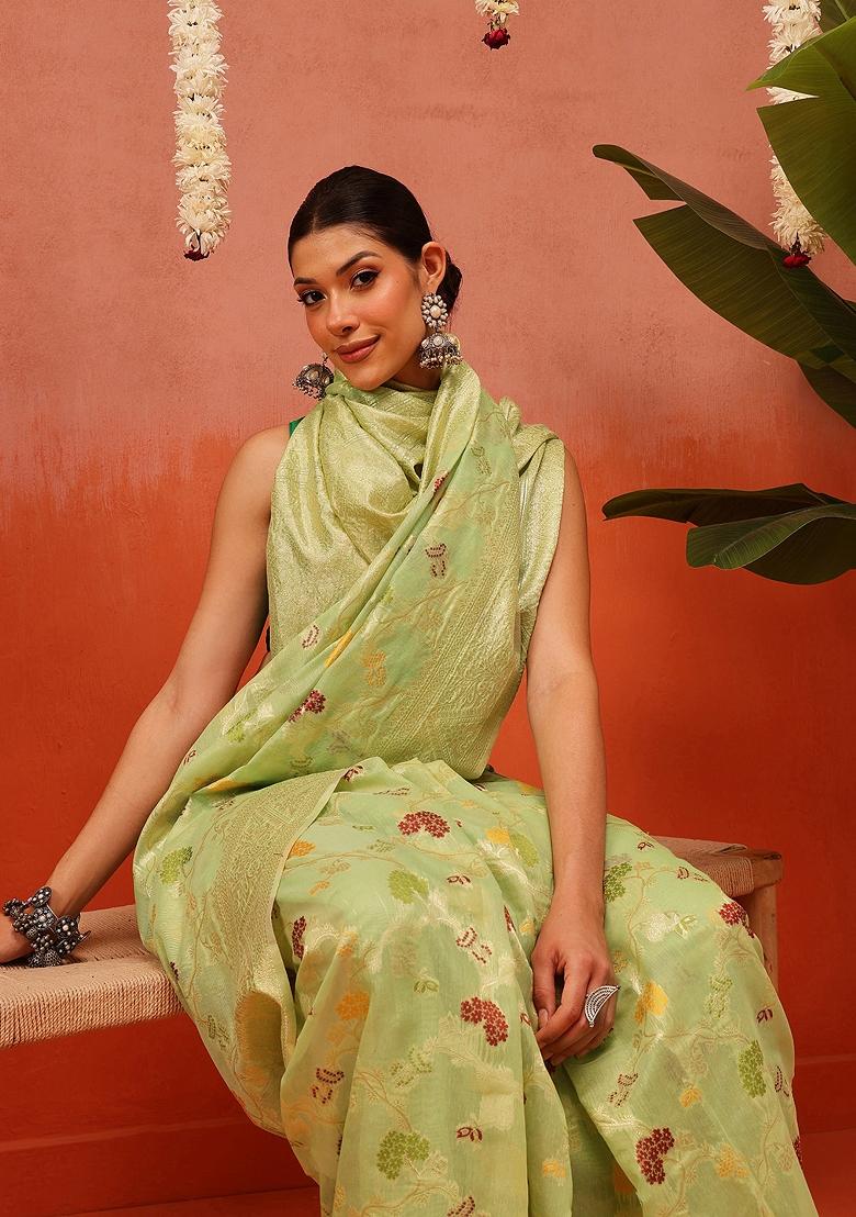 Green Embroidered Cotton Saree Set - Indya