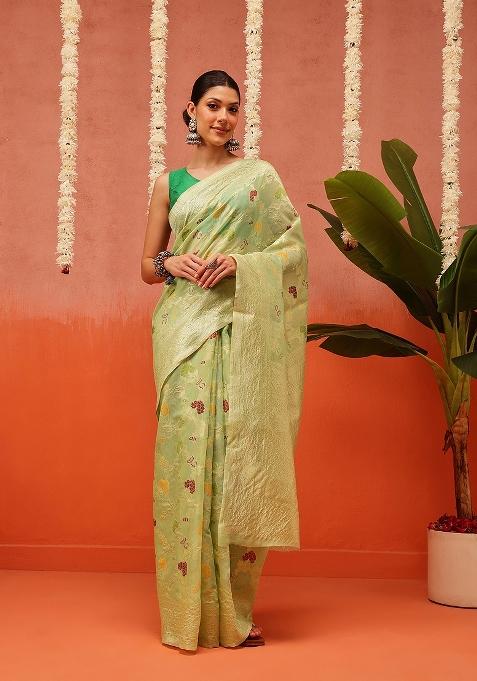 Green Embroidered Cotton Saree Set