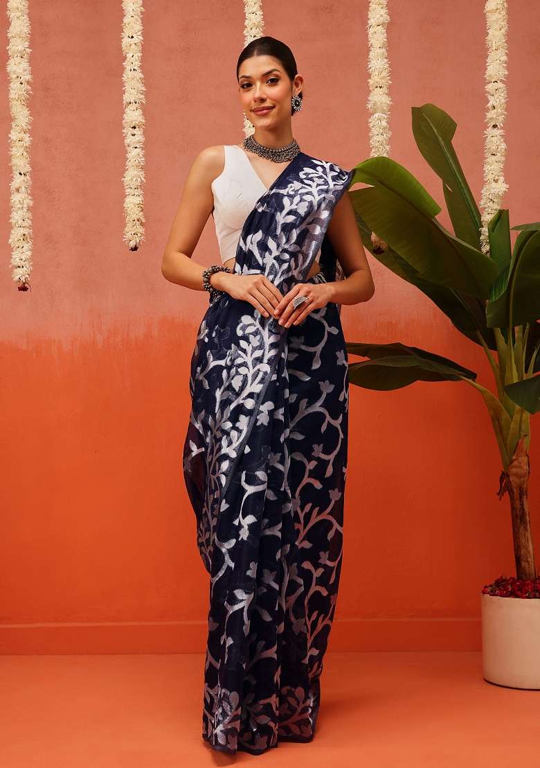 Blue Embroidered Cotton Saree Set - Indya
