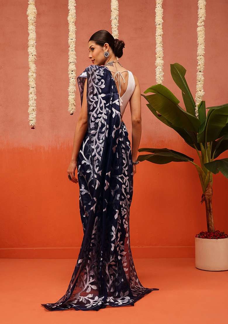 Blue Embroidered Cotton Saree Set - Indya