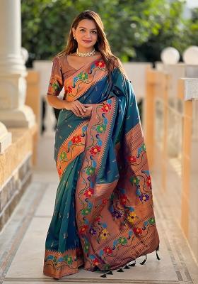 Teal Blue Embroidered Silk Saree Set