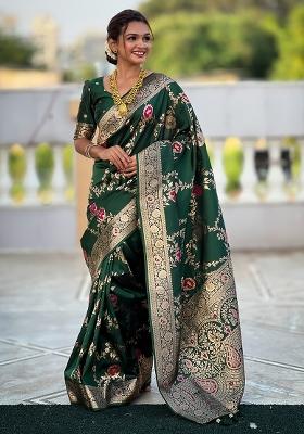Green Embroidered Silk Saree Set