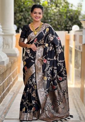 Black Embroidered Silk Saree Set