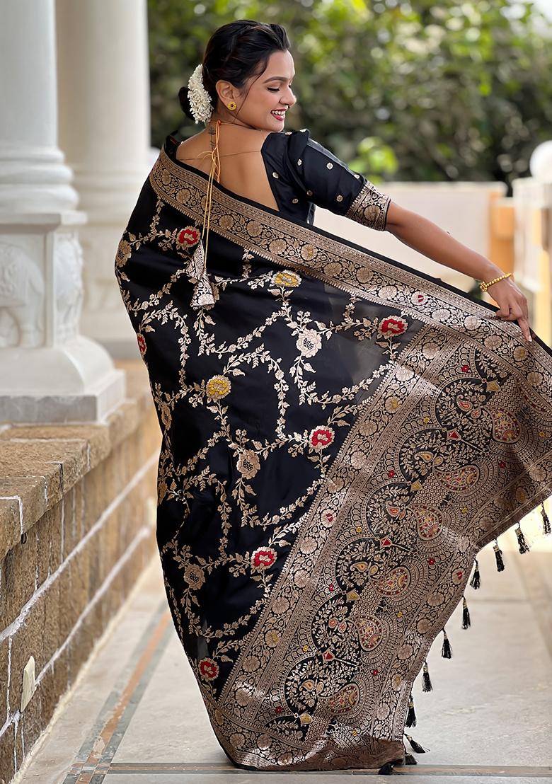 Black Embroidered Silk Saree Set - Indya