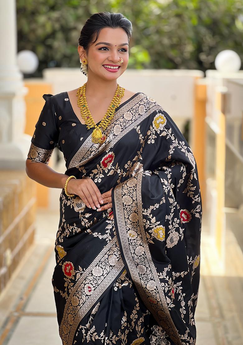 Black Embroidered Silk Saree Set - Indya