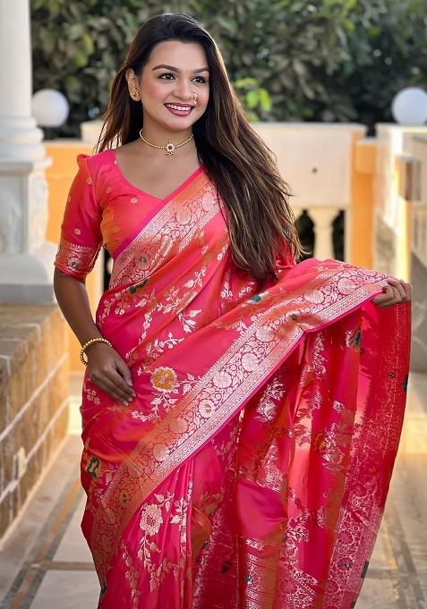 Gajri Red Embroidered Silk Saree Set