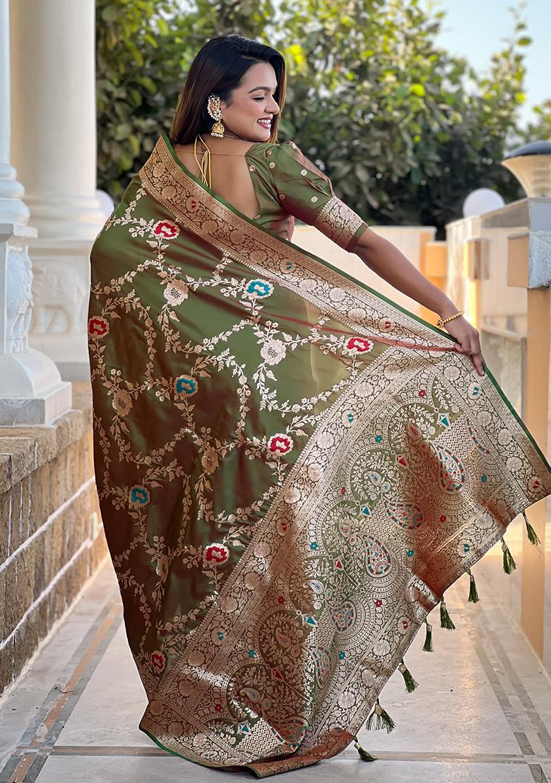 Mehendi Green Embroidered Silk Saree Set