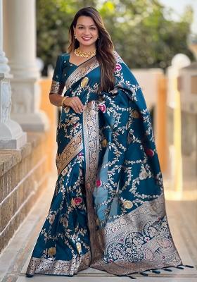 Teal Blue Embroidered Silk Saree Set