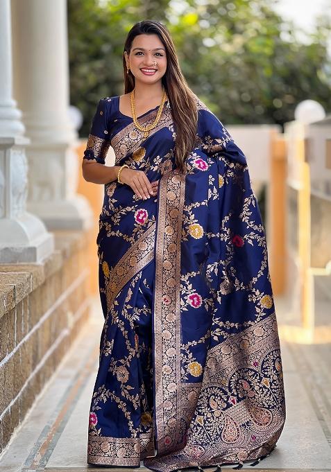 Navy Blue Embroidered Silk Saree Set