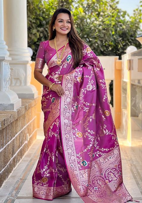 Onion Pink Embroidered Silk Saree Set