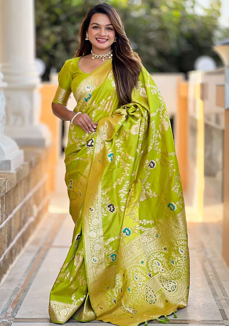 Parrot Green Embroidered Silk Saree Set - Indya