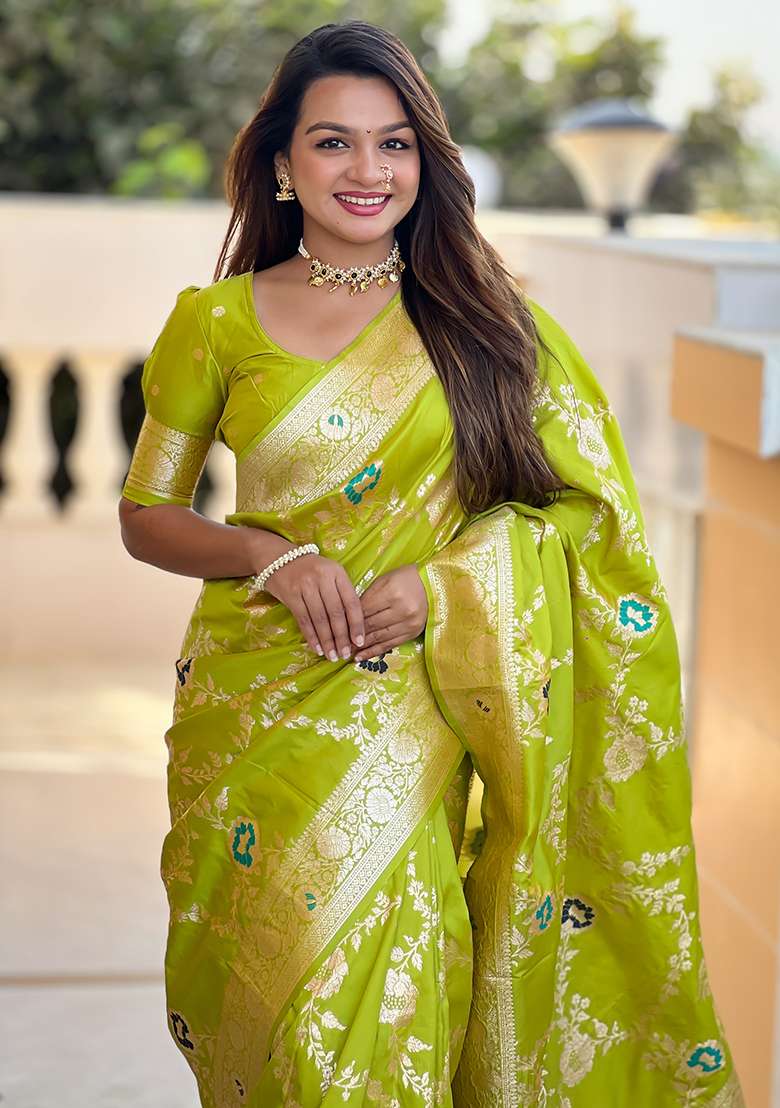 Parrot Green Embroidered Silk Saree Set - Indya