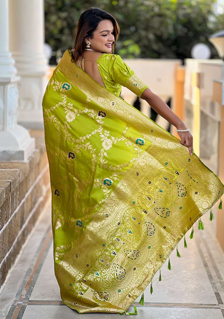 Parrot Green Embroidered Silk Saree Set - Indya