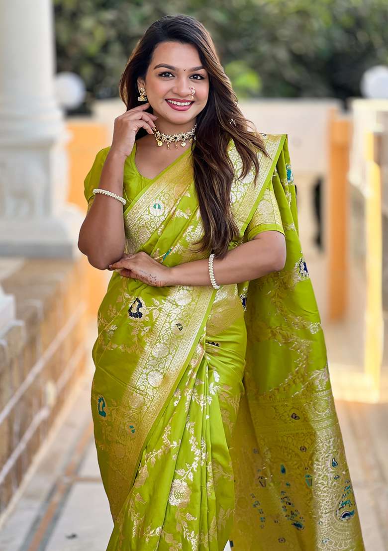 Parrot Green Embroidered Silk Saree Set - Indya