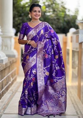 Purple Embroidered Silk Saree Set