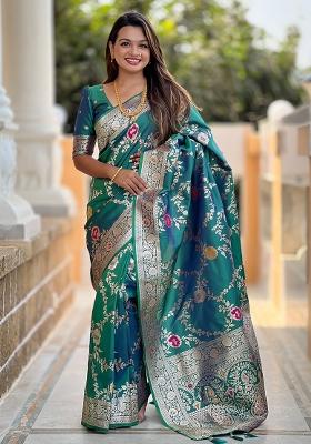 Rama Blue Embroidered Silk Saree Set