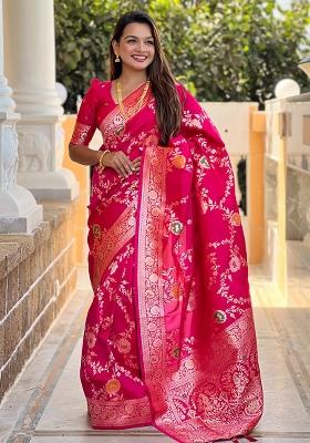 Rani Pink Embroidered Silk Saree Set