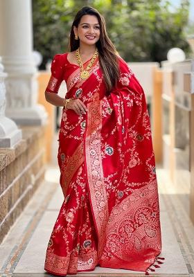 Red Embroidered Silk Saree Set