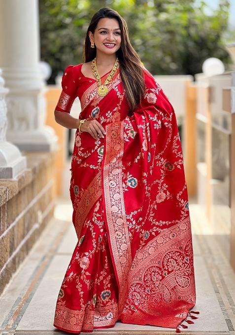 Red Embroidered Silk Saree Set