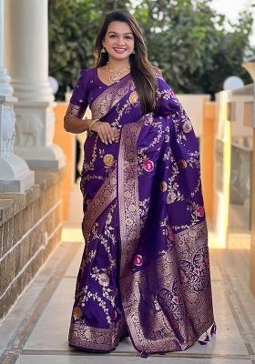 Wine Embroidered Silk Saree Set