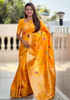 Yellow Embroidered Silk Saree Set