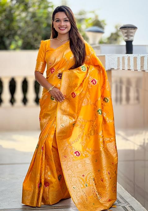 Yellow Embroidered Silk Saree Set