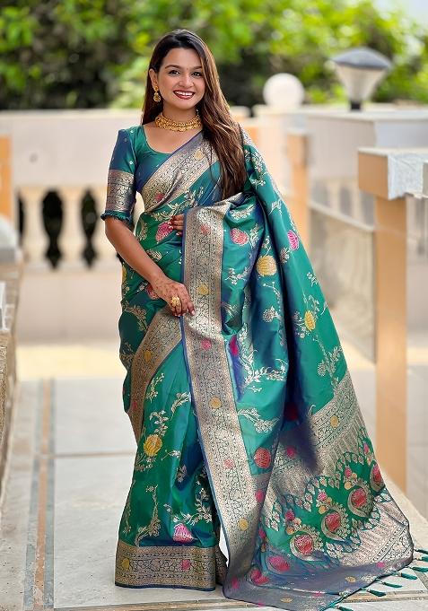 Rama Blue Embroidered Silk Saree Set