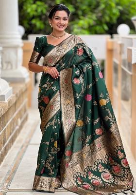 Green Embroidered Silk Saree Set