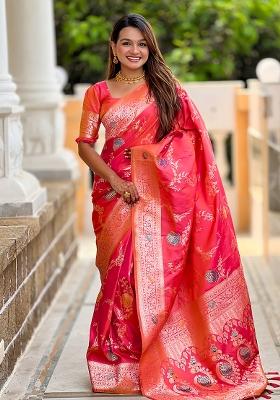 Gajri Red Embroidered Silk Saree Set
