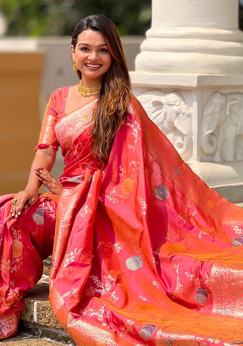 Gajri Red Embroidered Silk Saree Set