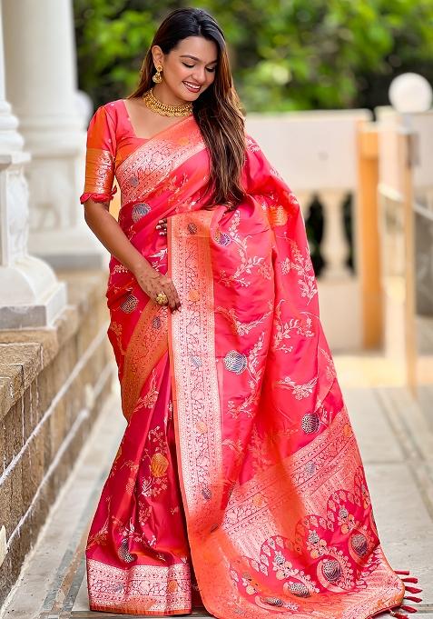 Gajri Red Embroidered Silk Saree Set