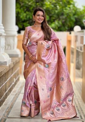 Lavender Embroidered Silk Saree Set