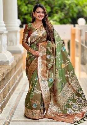 Mehendi Green Embroidered Silk Saree Set