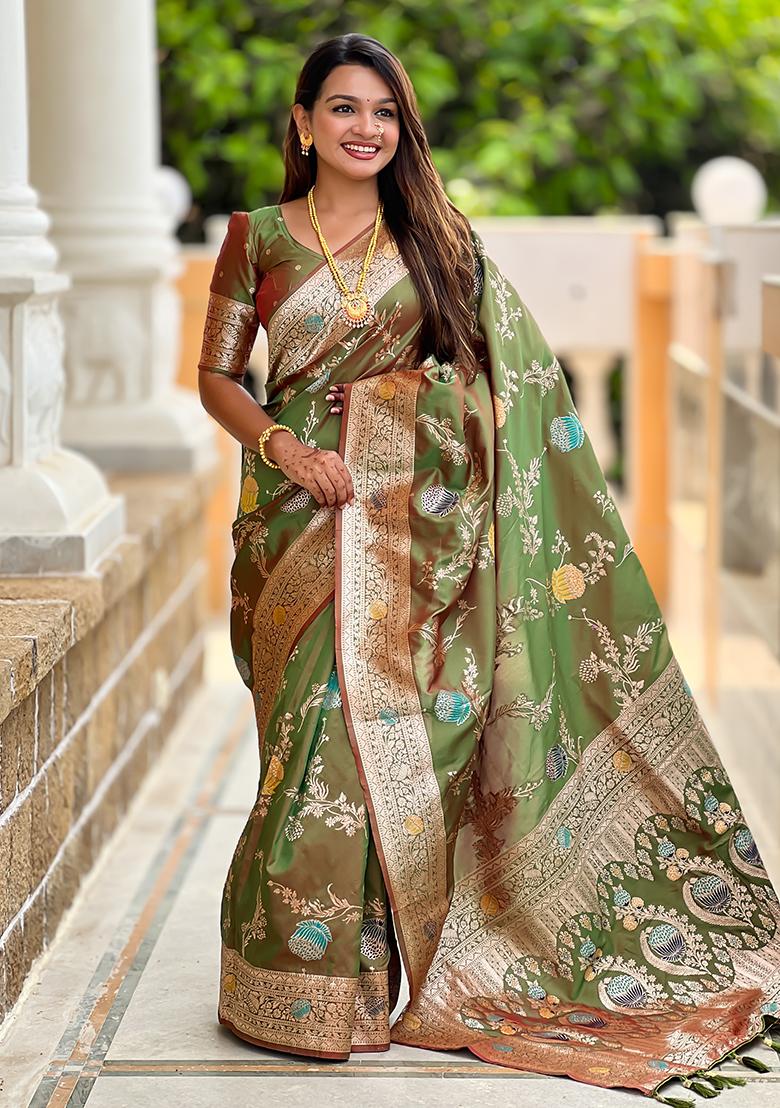 Mehendi Green Embroidered Silk Saree Set
