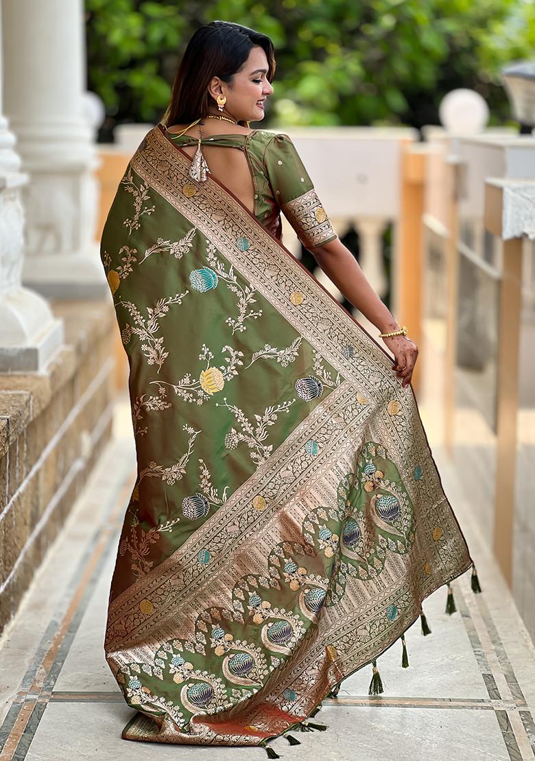 Mehendi Green Embroidered Silk Saree Set
