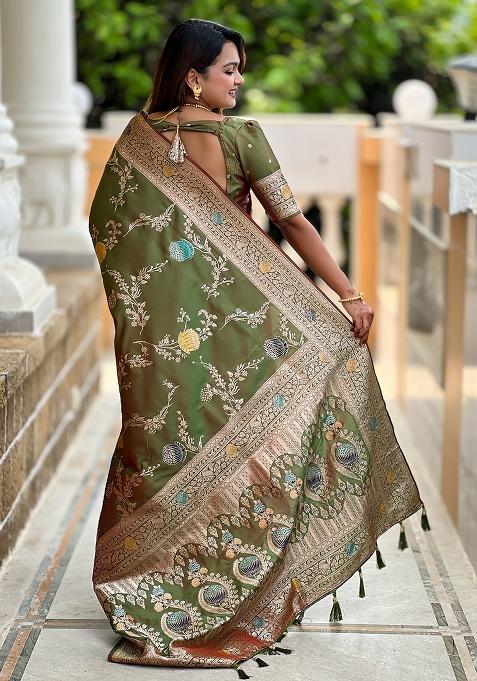 Mehendi Green Embroidered Silk Saree Set