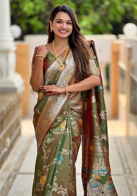 Mehendi Green Embroidered Silk Saree Set