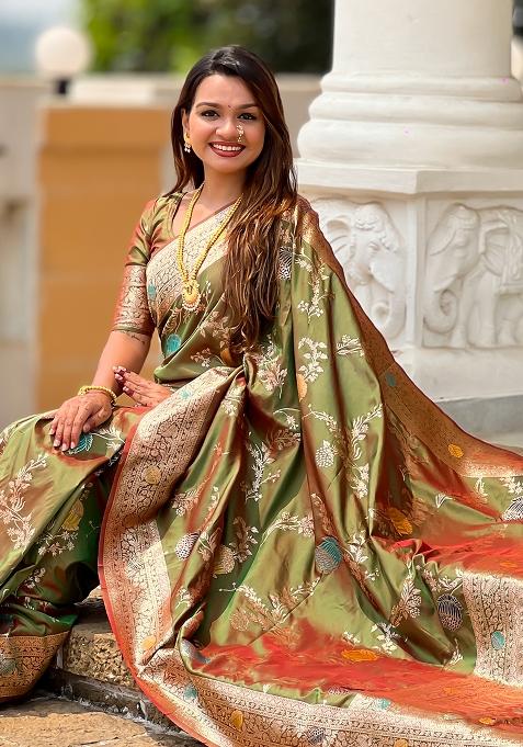 Mehendi Green Embroidered Silk Saree Set